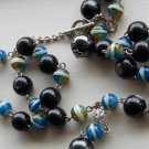 Funky Tribal Lariat Necklace Luminescent Black and Teal Beads 21.5" Matinee Length Casual Fun Trendy