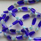 Bold Cobalt Blue Floral Necklace Elongated Glass Beads 35" Rope Length Handmade Charming Fun Vibrant