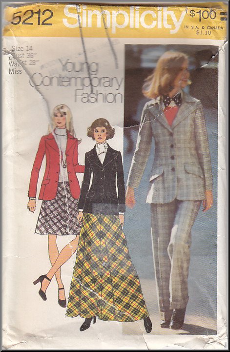 Vintage Simplicity Sewing Pattern 5212 Size 14 Misses' Blazer Collar Welt Pockets Bias Skirt Pants