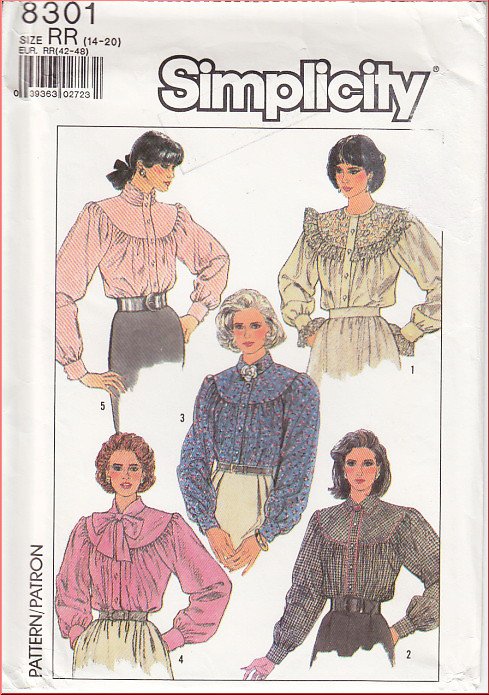 Vintage Simplicity Sewing Pattern 8301 Size 14-20 Misses' Long Sleeve Blouses Yoke Collar Buttons