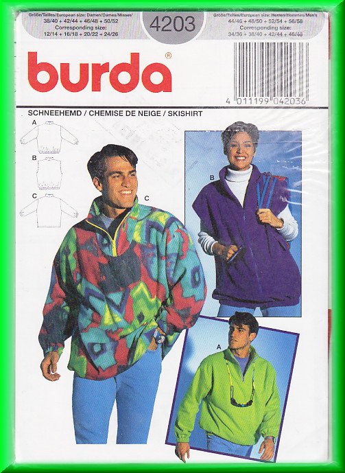Burda Sewing Pattern 4203 One Sz Men's Women's Unisex Fleece Pullover Jacket Vest Casual Sporty Fun