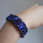 Glam Safety Pins Cuff Iridescent Purple Black Glass Beads Stretchy Handmade Bracelet Punk Rock Chic