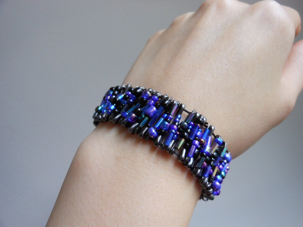 Glam Safety Pins Cuff Iridescent Purple Black Glass Beads Stretchy Handmade Bracelet Punk Rock Chic