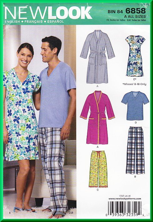 New Look 6858 Sewing Pattern Sz XS-XL Unisex Misses' Men's Sleepwear Loungewear Sleepshirt PJs Robe