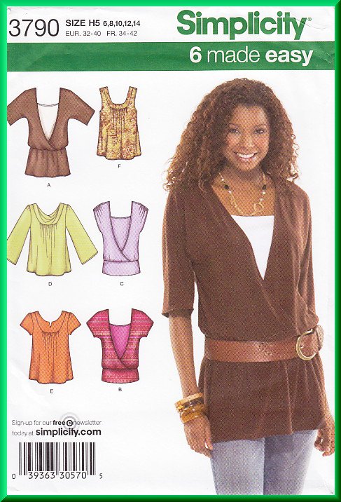 Simplicity 3790 Sewing Pattern Size 6-14 Misses' Knit Tops Poet Wrap Pleats Boho Hippy Chic Layered