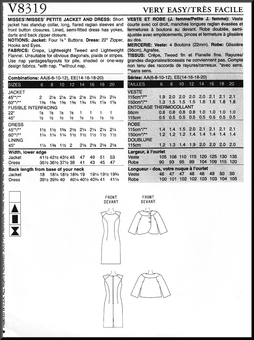 Vogue 8319 Sewing Pattern Sz 6-12 Misses' Jacket Sheath Dress ...
