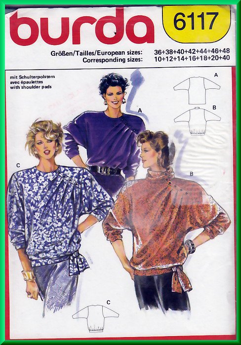 Burda 6117 Vintage Sewing Pattern Sz 10-40 Misses' Tops Retro 80s Baggy Asymmetrical Shoulder Pleats