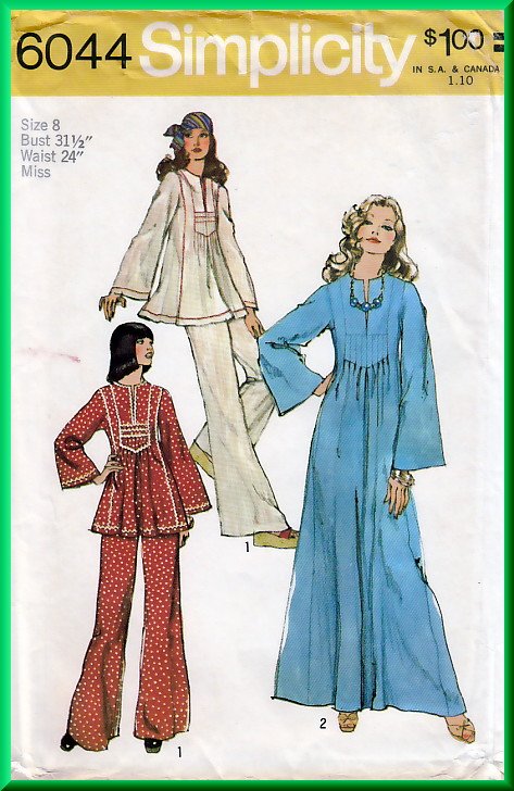 Simplicity 6044 Vintage Sewing Pattern Sz 8 Misses Caftan Pants Set Top Tunic Dress 70s Hippy Chic 