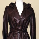 Vintage 70s Brown Leather Trench Calf Length Long Hip Spy Coat Hood Notched Collar Belt Braided Trim