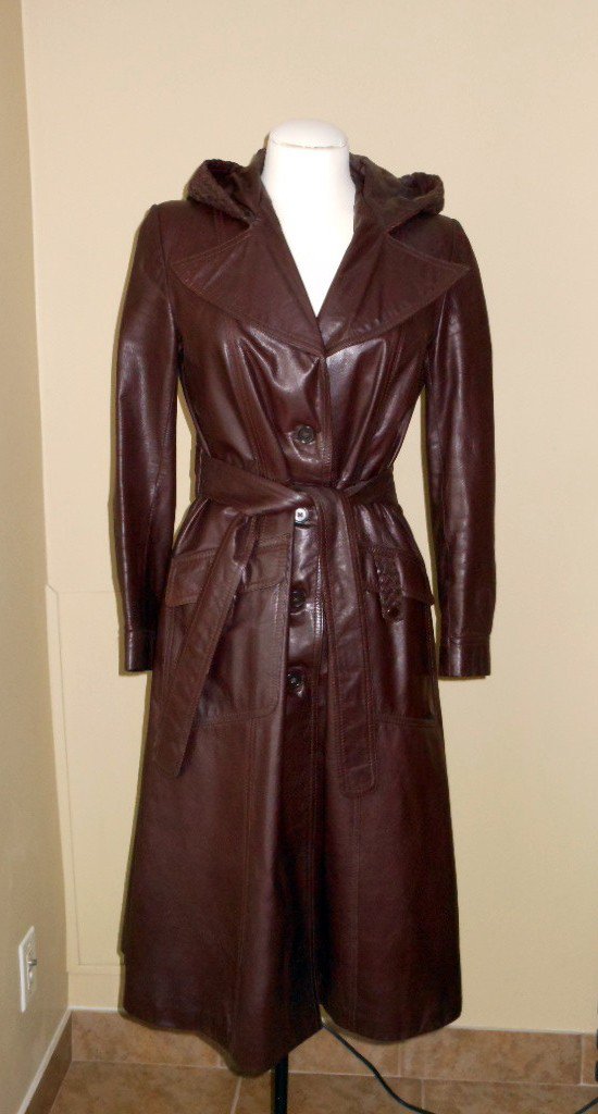 Vintage 70s Brown Leather Trench Calf Length Long Hip Spy Coat Hood ...