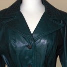 Vintage 70s Green Leather Trench Retro Notched Collar Long Blazer Teal Woven Trim Belted Spy Coat