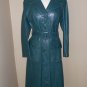 Vintage 70s Green Leather Trench Retro Notched Collar Long Blazer Teal Woven Trim Belted Spy Coat