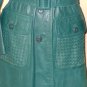 Vintage 70s Green Leather Trench Retro Notched Collar Long Blazer Teal Woven Trim Belted Spy Coat