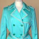 Coach Trench Coat Turquoise Blue Sz 12 Classic Mid Length Belted Double Breasted Jacket Trendy Chic