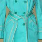 Coach Trench Coat Turquoise Blue Sz 12 Classic Mid Length Belted Double Breasted Jacket Trendy Chic