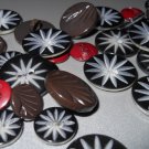 Black and White Daisy Flower Buttons Asian Floral Leaves Motif Taupe Bamboo Leaf Burgundy Chevron
