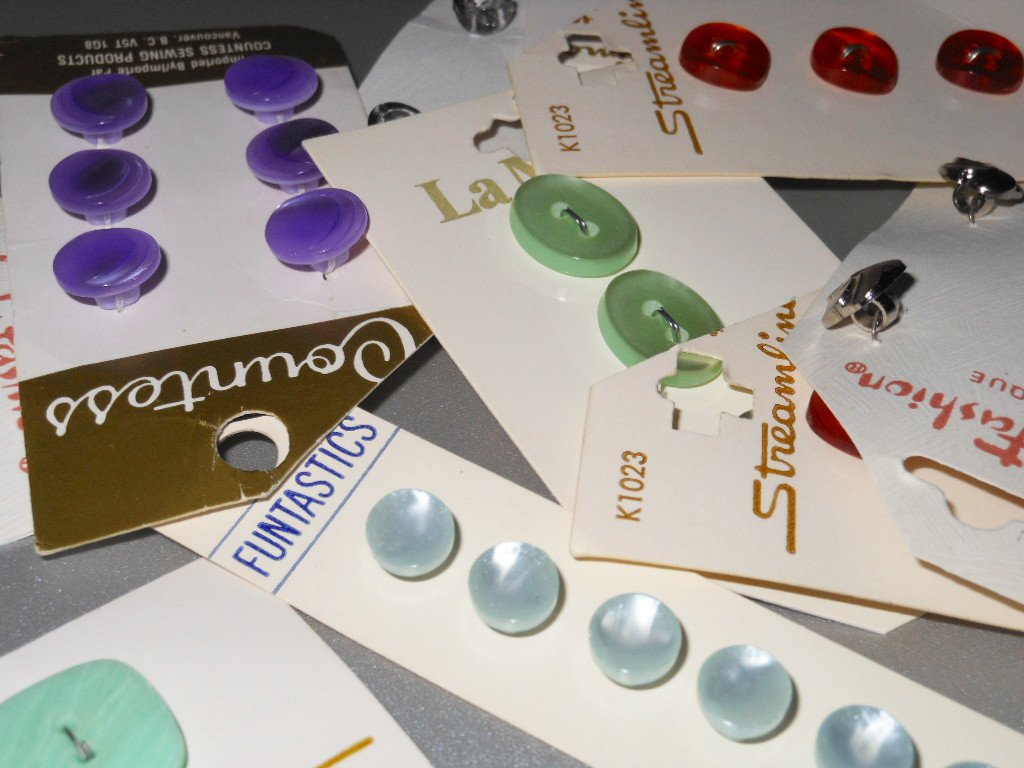 Vintage Carded Buttons Lot Assorted Colors Small Plastic Sew-on Silver Orange Baby Blue Mint Purple