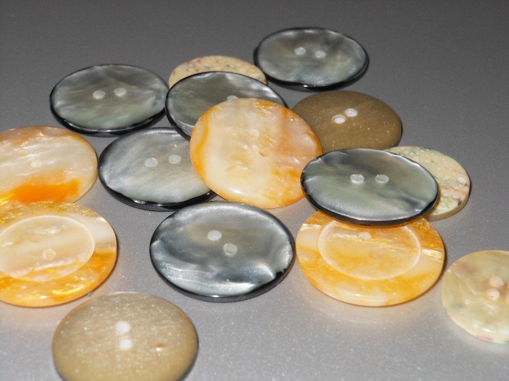 Large Coat Jacket Buttons Faux Mother of Pearl White Black Yellow Iridescent Flat Sew-On Craft Hobby