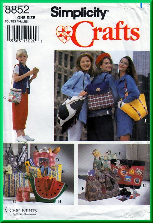 Simplicity 8852 CUT Sewing Pattern O/S Bags Purses Schoolbags Bookbag Shopper Tote Crafts Travel Bag