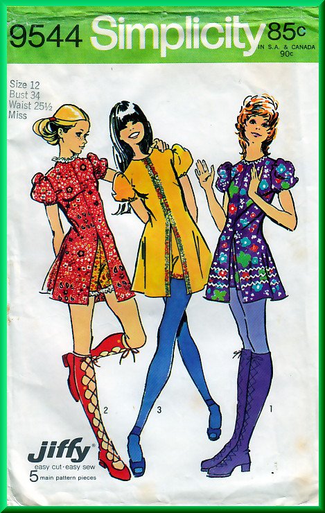 Simplicity 9544 CUT Vintage Sewing Pattern Sz 12 Misses' Mini Dress Shorts Cute Funky Hippy Chic 70s