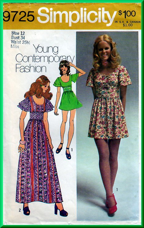 Simplicity 9725 CUT Vintage Sewing Pattern Sz 12 Misses' Cute Folksy Long Mini Dress Flutter Sleeve