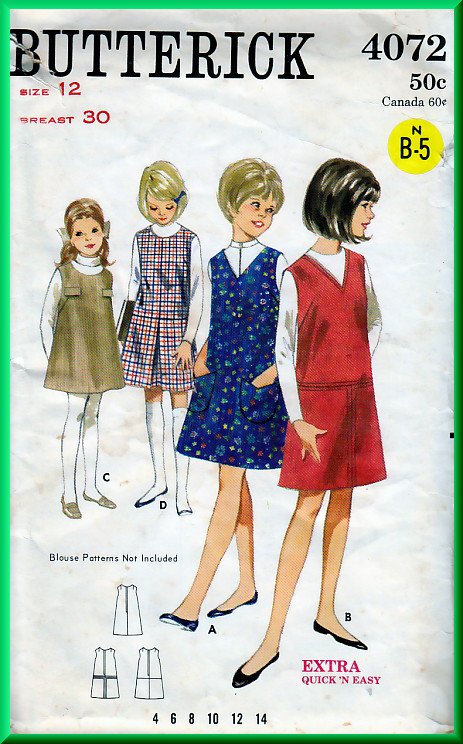 Butterick 4072 CUT Vintage Sewing Pattern Sz 12 Girls' Jumper Dress Easy Neckline Front Pleat Seams