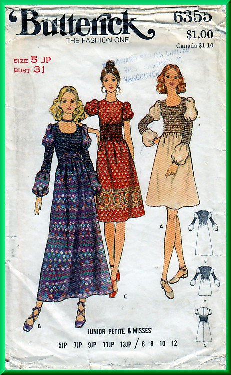 Butterick 6355 CUT Vintage Sewing Pattern Sz 5JP Juniors' Petites' Dress Short Long Smocked Bodice