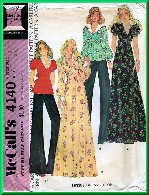 McCall's 4140 CUT Vintage Sewing Pattern Sz 8 Misses' Cute Empire Bodice Tops Dress Retro 70s Chic