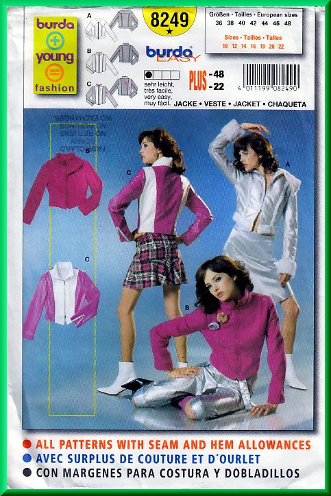 Burda 8249 CUT Sewing Pattern Sz 12 Misses' Trendy Jacket Motocross Motorcycle Fitted Hip Short Coat