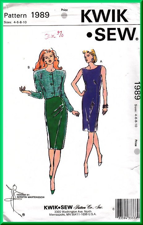 Kwik Sew 1989 Sewing Pattern Sz 4-10 Misses' Sheath Dress Fitted Princess Seams Bolero Jacket Suit