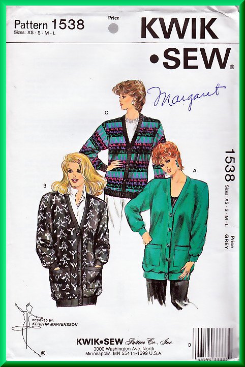 Kwik Sew 1538 Vintage Sewing Pattern Sz XS-XL Sweater Knit Cardigan Retro 80s Boyfriend Cardigan