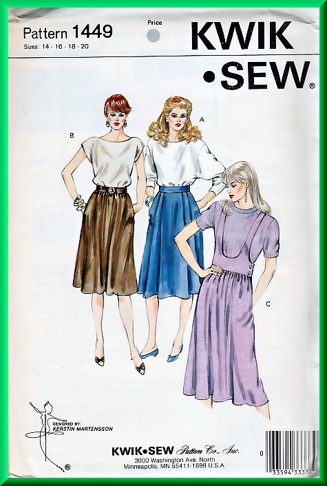 Kwik Sew 1449 Vintage Sewing Pattern Sz 14-20 Retro 80s Skirts 3 Styles Gathered Waist Jumper Style