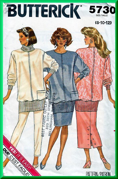 Butterick 5730 Vintage Sewing Pattern Sz 8-12 Retro 80s Knit Outfit Pullover Top Tapered Pants Skirt