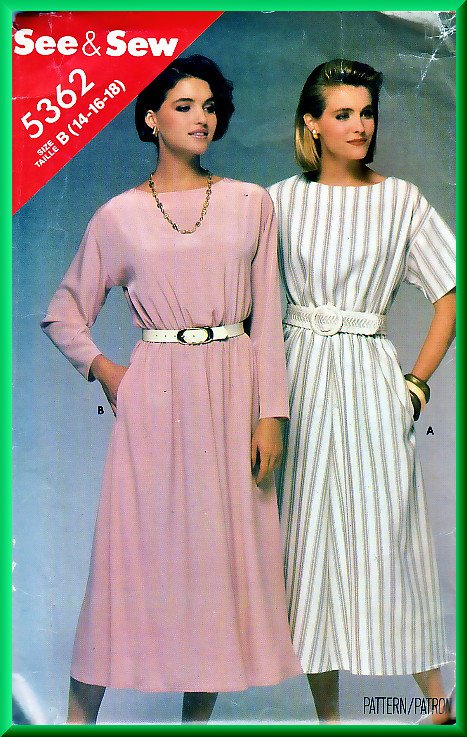 Butterick 5362 Vintage Sewing Pattern Sz 14-18 Pullover 80s Dress Elastic Waist Short Long Sleeves