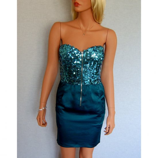 TEAL GREEN SEQUIN SATIN BODYCON BODY CON MINI COCKTAIL PARTY PROM DRESS UK SIZE 12, US SIZE 8