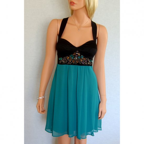 ELISE RYAN BLACK JADE GREEN JEWEL BABYDOLL EVENING PARTY MINI PROM COCKTAIL DRESS UK 8, US 4
