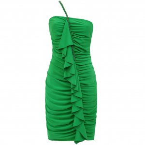 GREEN RUFFLE FRILL BEADED EVENING MINI BODYCON PROM COCKTAIL CLUBWEAR PARTY DRESS UK 8-10, US 4-6