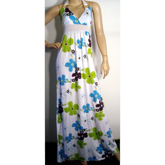 WHITE, BLUE, BROWN, GREEN FLORAL PRINT LONG HALTERNECK SUMMER MAXI