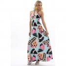 WOMENS LADIES BLUE BUTTERFLY PRINT HALTERNECK SUMMER HOLIDAY MAXI BEACH DRESS UK 8-10, US 4-6