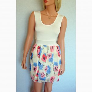 WHITE PINK BLUE CREAM BROWN SUMMER FLORAL SKIRT MINI VEST TOP 2 IN 1 DRESS UK 8, US SIZE 4