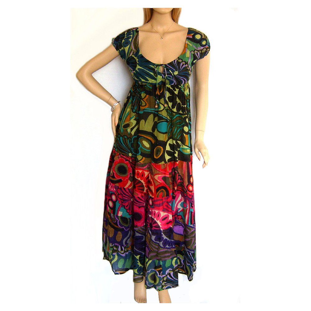 GREEN BLACK RED PINK FLORAL COTTON BOHO HIPPY LONG SUMMER HOLIDAY MAXI ...