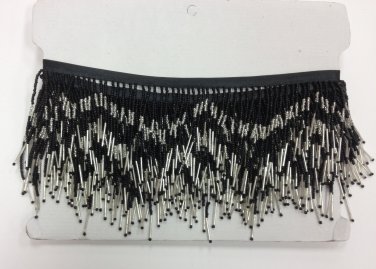5 Yard Bolt-6" Black & Silver Glass Seed Bead & Bugle Chevron Beaded Fringe Lamp Home Decor Trim