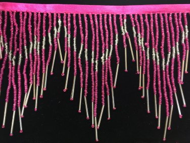 6.5" Chevron Hot Pink & Silver Glass Seed & Bugle Bead Beaded Fringe Lamps, Costumes, Crafts