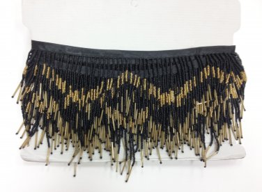 5 Yard Bolt-6" Black & Gold Glass Seed Bead & Bugle Chevron Beaded Fringe Lamp Home Decor Trim