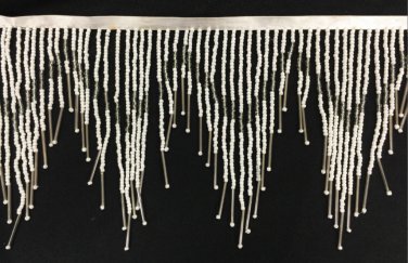 6.5" Chevron White & Silver Glass Seed & Bugle Bead Beaded Fringe Lamps, Costumes, Crafts