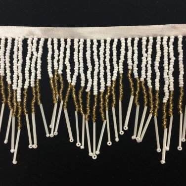 4.5" Gold & White Chevron Glass Seed Bead Beaded Fringe Lamps, Costumes, Crafts