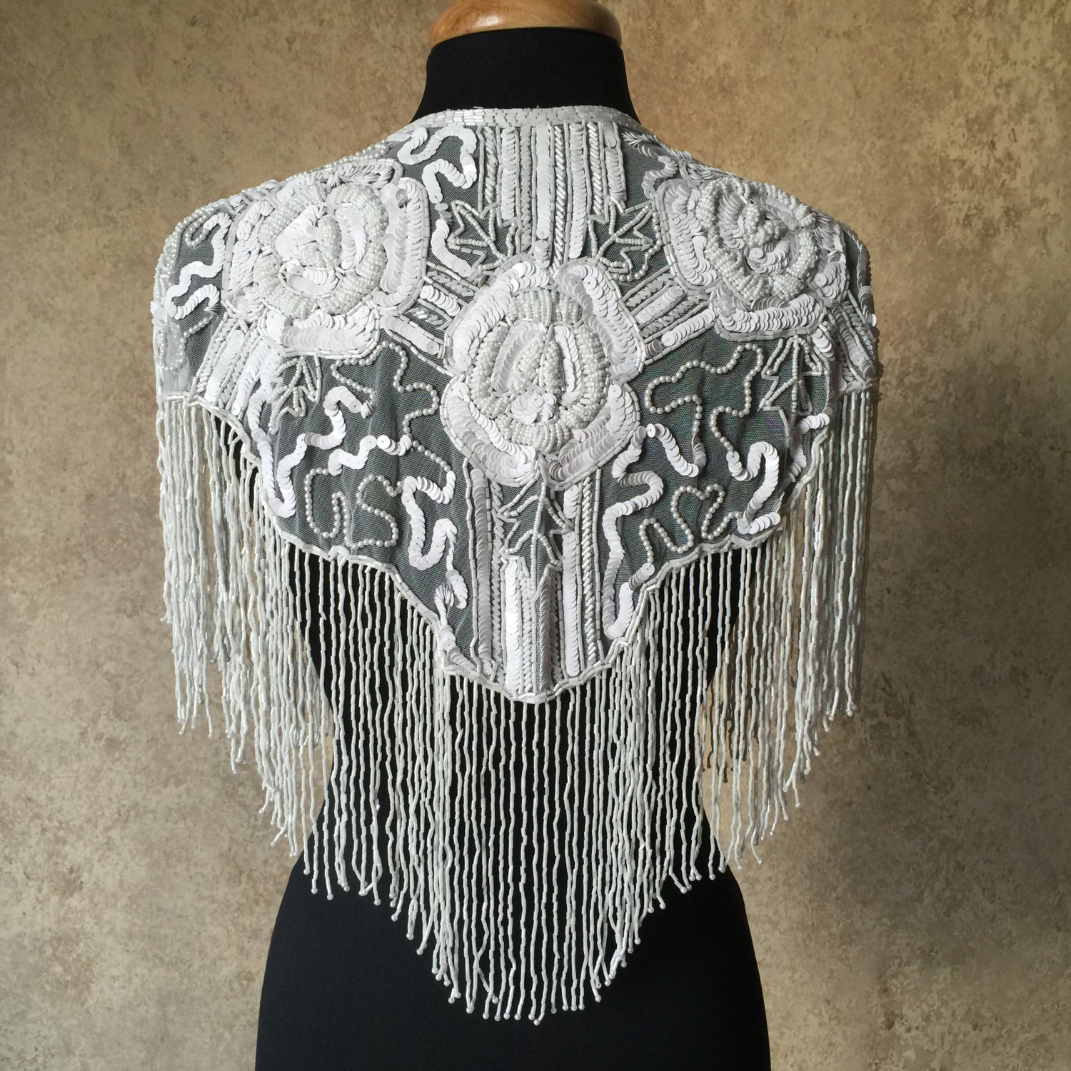 WHITE Sequin and Beaded Fringe Shawl Bridal Wrap Shoulder Shrug