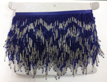 5 Yard Bolt-6" Royal Blue/Silver Glass Seed Bead & Bugle Chevron Beaded Fringe Lamp Home Decor Trim