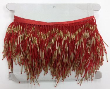 5 Yard BOLT-6.5" Chevron Red & Gold Glass Seed & Bugle Bead Beaded Fringe Lamps, Costumes, Crafts