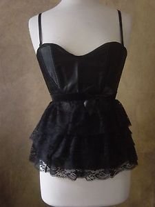 S-Victorian Gothic Black Satin & Layered Lace Corset Tank Top Removable Straps